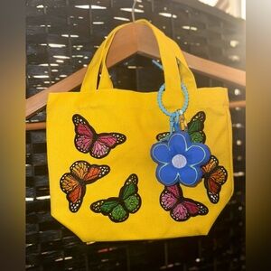 Yellow Mini Canvas Tote W/ Iron on Butterfly Patches & Pendant NWOT